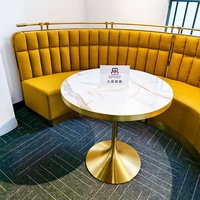 Mobilier de café commercial de luxe, design moderne, banquette en lin jaune, tables et chaises dorées