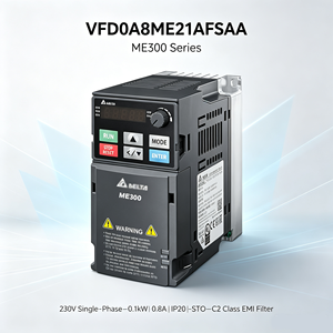 อินเวอร์เตอร์ ME300 AC Drive รุ่น VFD0A8ME21AFSAA กำลังไฟ 0.1 กิโลวัตต์ แรงดันไฟฟ้า 220 โวลต์ 1 เฟส มาตรฐาน IP20 พร้อมฟิลเตอร์ EMC ในตัว รองรับมอเตอร์ STO IM IPM SPM สำหรับสายพานลำเลียงขนาดเล็ก - Product Image 1