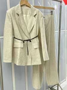 Set Elegante in <span class=keywords><strong>Lino</strong></span> 100% di Alta Qualità per <span class=keywords><strong>Donna</strong></span>, Primavera-Autunno, Giacca con Colletto e Cintura + Pantaloni Lunghi - Product Image 2