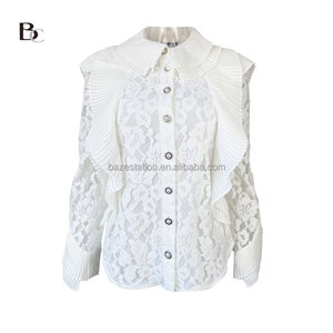 Luxusmarke Damen Weiß Süß Elegant Plissee Spitze Button-Down Shirt Französisch Spitze Stand Kragen für den Sommer - Product Image 1