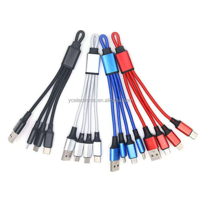 Factory Wholesale Super-fast Charging 3-in-1 3A USB Cable One-to-three USB-A/Type-C/Light Micro USB Braided Keychain Weaving