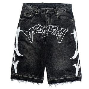 Shorts en <span class=keywords><strong>jean</strong></span> décontractés pour hommes ZY Streetwear, brodés, en coton délavé, avec logo personnalisé, coupe ample, 14 oz, fermeture éclair YKK - Product Image 1