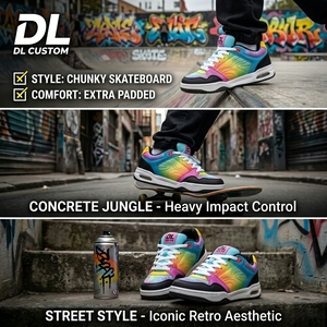 Baskets de skate basses rembourrées Y2K personnalisées avec lacets épais, en cuir imprimé graffiti, soutien de la voûte plantaire, respirantes et color block - Product Image 4