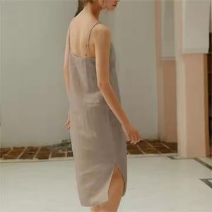 Robe longue femme de haute qualité 100% lin pur taille XL sans manches ample décontractée fendue col en V sexy dos nu tissée lavable unie - Product Image 2