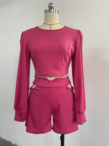 <span class=keywords><strong>Vestiti</strong></span> estivi da donna Casual in tinta unita camicia corta <span class=keywords><strong>a</strong></span> maniche lunghe pantaloncini <span class=keywords><strong>a</strong></span> vita alta Cut-out due pezzi da donna - Product Image 5