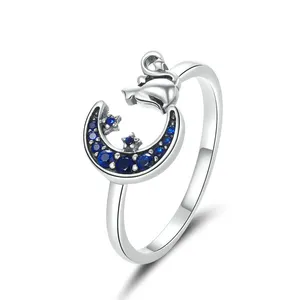 Blue Moon Fashion Ring Genuine 925 Sterling Silver Bonito Gato Animal Aberto Anéis Ajustáveis para As Mulheres Elegante Jóias Do Partido