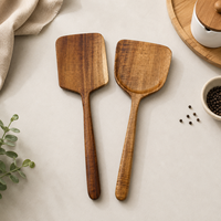 Ensemble de 2 spatules en bois naturel, ustensiles de cuisine avec tête large de 11 cm et 13 cm pour la friture, écologiques, pour un usage domestique