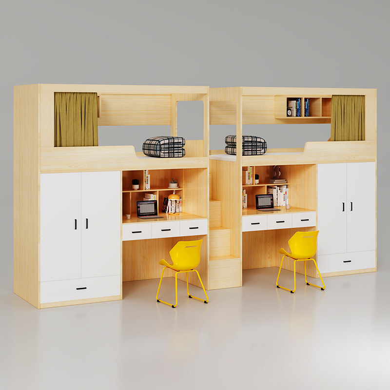 Step-style one-piece bunk bed with desk underneath