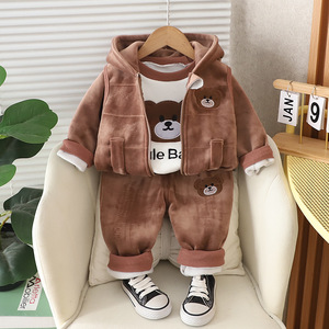 Vêtements pour enfants, nouvelles arrivées hiver 2026, ensemble trois pièces à capuche pour bébés, tout-petits, garçons et filles, style coréen, polyester - Product Image 2