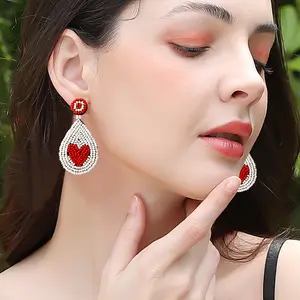 Singoli Anting-Anting Tetesan Air Gaya Asli Mode Boho Biji Manik-manik Buatan Tangan Anting Anyam Hati Hadiah Perhiasan