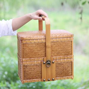 Handmade <b>Bamboo</b> Woven Double Layer Food Box Rectangle Brass Clasp Kitchen Storage Picnic Travel Gift Set - Product Image 2