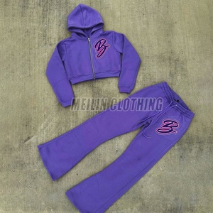 Custom Clothing Manufacturers Oversized French Terry pink Patch Rhinestone <b>Cropped</b> <b>Zip</b> <b>up</b> Hoodies Two Piece Women Sweatsuit Set - Product Image 3
