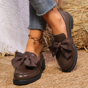British Style Large Size Bow Slip-on Autumn Retro Flats Women's Thick Heel Small Leather Shoes - Product Image 2
