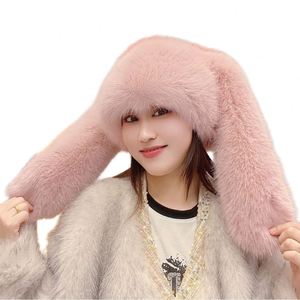 หมวกขนเฟอร์เทียมสีชมพูแบบใหม่ขายส่ง สำหรับฤดูหนาว ใส่ได้ทั้งชายและหญิง ทรงโอเวอร์ไซส์ หูยาว ลายกระต่ายตลก อุ่นสบาย - Product Image 1
