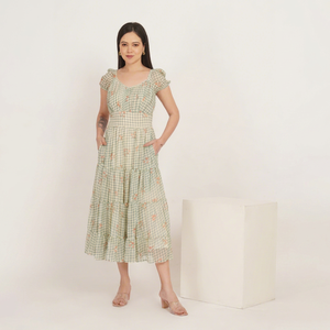 Vestido midi con estampado floral, corte en A, manga corta y volantes, cintura natural, ajuste holgado, informal, para verano, vestido de mujer. - Product Image 1