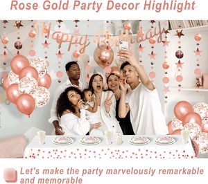 Set per Festa <span class=keywords><strong>di</strong></span> <span class=keywords><strong>Compleanno</strong></span> Oro Rosa con Striscione 'Happy Birthday', Ghirlanda <span class=keywords><strong>di</strong></span> Glitter, Piatti e Bicchieri, Tovaglia e Palloncini - Product Image 2