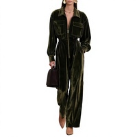 Combinaison élégante pour femme à demi-zip, col à revers, manches longues, taille élastique, pantalon droit avec poches, automne-hiver, coupe ample