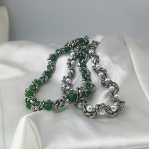 สร้อยคอโซ่คิวบาประดับมุกเทียมและลูกปัดอาเกตสแตนเลสสำหรับผู้ชาย เครื่องประดับระดับไฮเอนด์ - Product Image 1