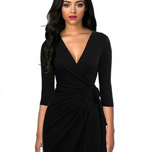 <b>High</b> Quality Women's Black V Neck Sheath Wrap <b>Dress</b> Side Tie Ruched <b>Waist</b> Formal Elegant Knee Length Style - Product Image 3