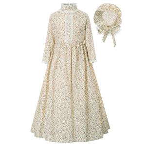 Vestido Colonial de Algodón de Manga Larga para Niñas + Sombrero, Disfraz de Pionera - Product Image 4