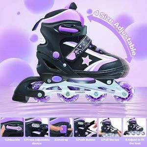 Patins à roulettes ajustables noirs et violets pour enfants, avec roues lumineuses brillantes, respirants et offrant un bon maintien, pour le divertissement - Product Image 2