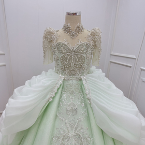 Robe de soirée longue vert menthe Wn1794 avec perles de cristal, manches bouffantes, surjupe, idéale pour bal de promo, mariage ou fête formelle - Product Image 2