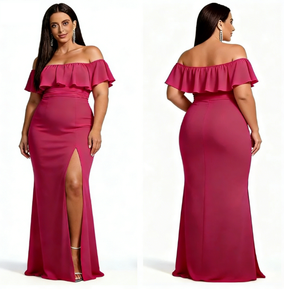 <span class=keywords><strong>Vestido</strong></span> de <span class=keywords><strong>Dama</strong></span> de Honor Talla Grande <span class=keywords><strong>Color</strong></span> <span class=keywords><strong>Magenta</strong></span> con Hombros Descubiertos - <span class=keywords><strong>Vestido</strong></span> Formal de Gasa con Volantes y Abertura Alta <span class=keywords><strong>para</strong></span> Eventos Nocturnos - Product Image 1