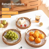 1 pièce en gros, panier de rangement rond en rotin PP tressé à la main avec finition laquée, pour la cuisine, la vaisselle, le pain, les fruits, les gâteaux et le service de dîner