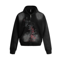 Sweat à capuche zippé personnalisable pour homme, style hip-hop streetwear, OEM, 100% coton, délavé, imprimé lettres dégradées, effet vintage