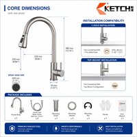 Robinet de cuisine élégant en acier inoxydable nickel brossé avec douchette extractible à arc haute et levier de commande noir