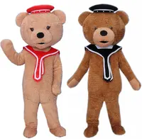 Urso de mascote com traje marinho, fantasia adulto de pelo macio, urso de pelúcia marrom