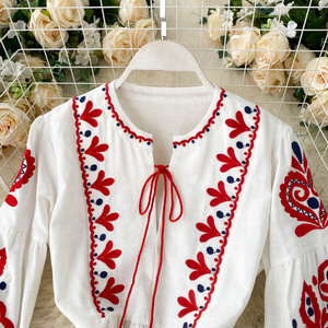 Women <strong>White</strong> <strong>Red</strong> <strong>Blue</strong> Tribal Floral Embroidered Long Sleeve Tie Waist Boho Maxi <strong>Dress</strong> Vintage Ethnic Style Flowy Bohemian <strong>Dress</strong> - Product Image 4