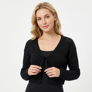 <b>Black</b> Hollow Out Knit <b>Cardigan</b> for Women <b>Tie</b> Front Cropped Long Sleeve Pullover Casual Spring Sweater - Product Image 1