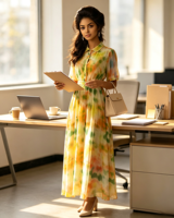 Robe chemise imprimée tie-dye à revers et boutons, avec pantalon évasé, manches courtes, ceinture intégrée, plis à la taille, jupe longue évasée en A