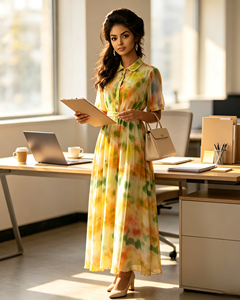 Robe chemise imprimée tie-dye à revers et boutons, avec pantalon évasé, manches courtes, ceinture intégrée, plis à la taille, jupe longue évasée en A - Product Image 3