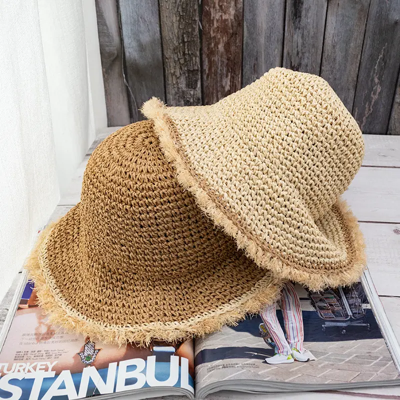 Chapéu de palha dobrável, chapéu de palha com aba larga chapéu de sol praia verão crochê