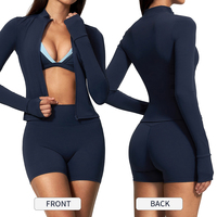 Ensemble de yoga 3 pièces pour femmes TZ6116-18, nouveau style, avec veste à manches longues zippée, soutien-gorge de sport contrasté et short taille haute