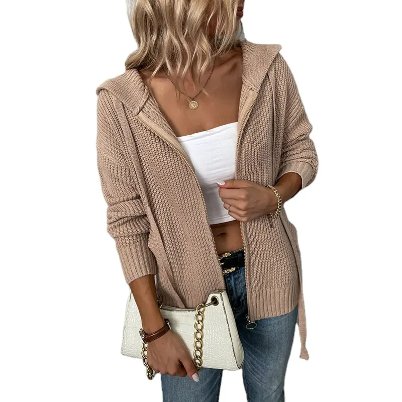 Solid color hooded zipper european american knitwear fall/winter new drawstring pocket cardigan sweater women
