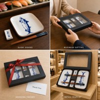 Service de table Sushi Blue Fish, assiettes en porcelaine, baguettes en bois, repose-baguettes, coffret cadeau pour 2 personnes