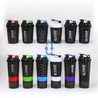 Bouteille shaker de protéines de gymnastique en plastique noir à trois couches de 500ml sans BPA avec logo personnalisé bouteille d'eau de gymnastique sportive avec marqueur à tiques
