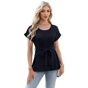 Camiseta de Manga Corta con Cuello Redondo y Volantes en la Cintura, Color Sólido, para Mujer, Estilo Europeo Americano, Venta al Por Mayor - Product Image 4