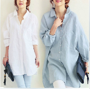 Camisa de mujer de algodón y lino con textura, cuello solapa y empalmes, estilo casual elegante y holgado, talla grande, nueva colección primavera-verano - Product Image 6