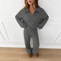 Ensemble de détente deux pièces rayé pour femme, pull à col et manches longues, pantalon taille haute à jambes larges, survêtement décontracté assorti B2B
