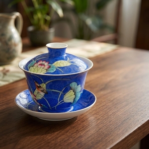 Gaiwan in Porcellana Ecologica Premium con Coperchio, Stile <span class=keywords><strong>Sgraffito</strong></span> Tradizionale Cinese, Motivo Loto Estivo, Resistente al Calore, con Vassoio RED LEAF - Product Image 2