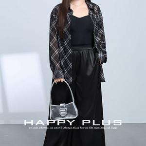 รันฉีชุดสามชิ้นของผู้หญิง เสื้อเชิ้ตลายสก๊อต สีดำ เสื้อสายเดี่ยว กางเกงขากว้าง ชุดสูทลำลองผ้าชีฟอง N9060 - Product Image 3