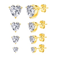Ensemble de 4 paires de boucles d'oreilles clous en argent plaqué or 18 carats sans plomb ni nickel, avec zircone cubique AAA, motif cœur, bijoux tendance personnalisés pour soirée