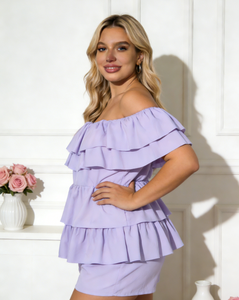 Joyinspring Camisa de verano para mujer, talla grande, color morado claro, con hombros descubiertos y borde con volantes, informal, de secado rápido, de punto, corte regular - Product Image 3