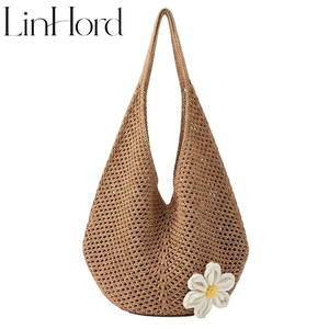 <span class=keywords><strong>Bolso</strong></span> de Mano Tejido a Crochet Estilo Retro Ecológico con Detalle de Flor, <span class=keywords><strong>Bolso</strong></span> de Compras Transpirable para Conjuntos de Verano Estilo Bohemio - Product Image 1