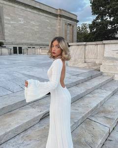 Vestido maxi de punto sin espalda blanco para mujer elegante acampanado de manga larga ceñido al cuerpo vestidos de fiesta señora vacaciones Club trajes de noche - Product Image 4