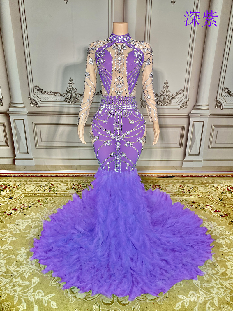 Gorgeous Elegant Evening Dress Multi-Color Long Skirt Feather Full Diamond  Pattern See-through Sexy Slim Fit| Alibaba.com